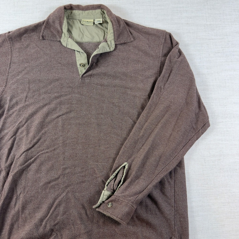 LL Bean Mens Herringbone Polo Shirt Long Sleeve Cotton Burgundy Large Regular
